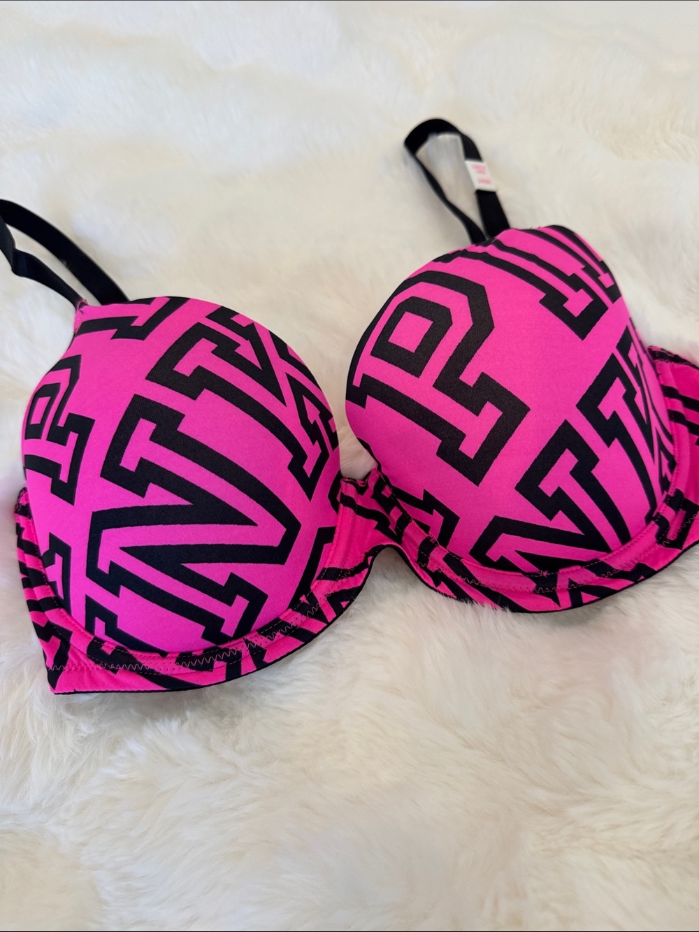 NWT PINK Victoria's Secret Hot Pink and Black Logo Push-Up Bra